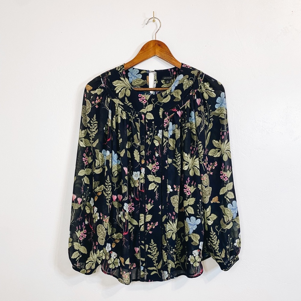 Ann Taylor Sheer Navy Floral Blouse